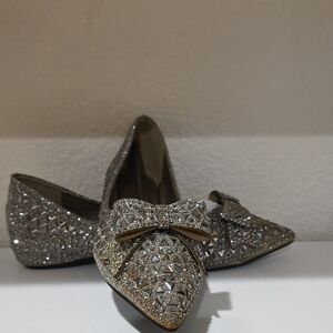 New Women's Glitter Bow Pointed Flats - Silver